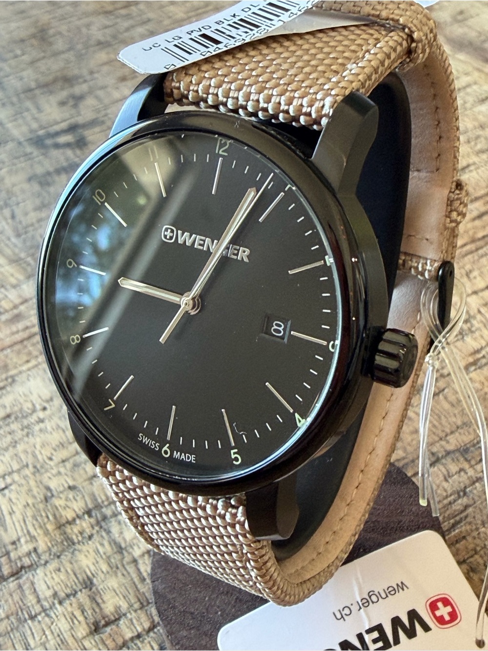 New in Box Wenger Black Dial Swiss Made Watch with Beige Strap - Picture 2 of 9